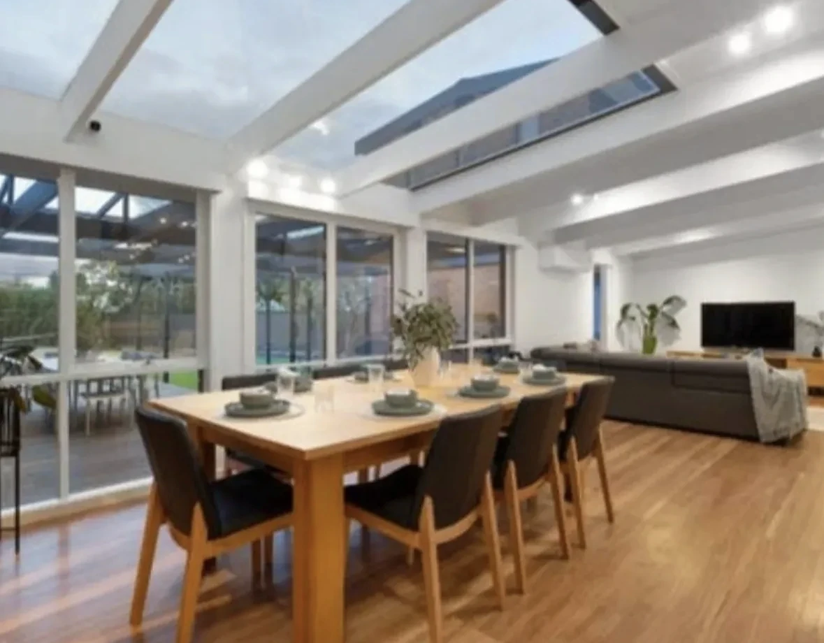 Painted white ceiling beams in the finished Bacchus Marsh dining room